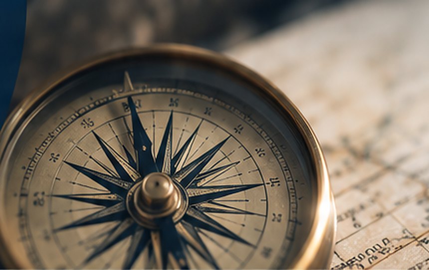 Brass compass resting on a map