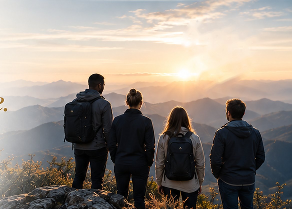 Team looking out over mountains at sunrise