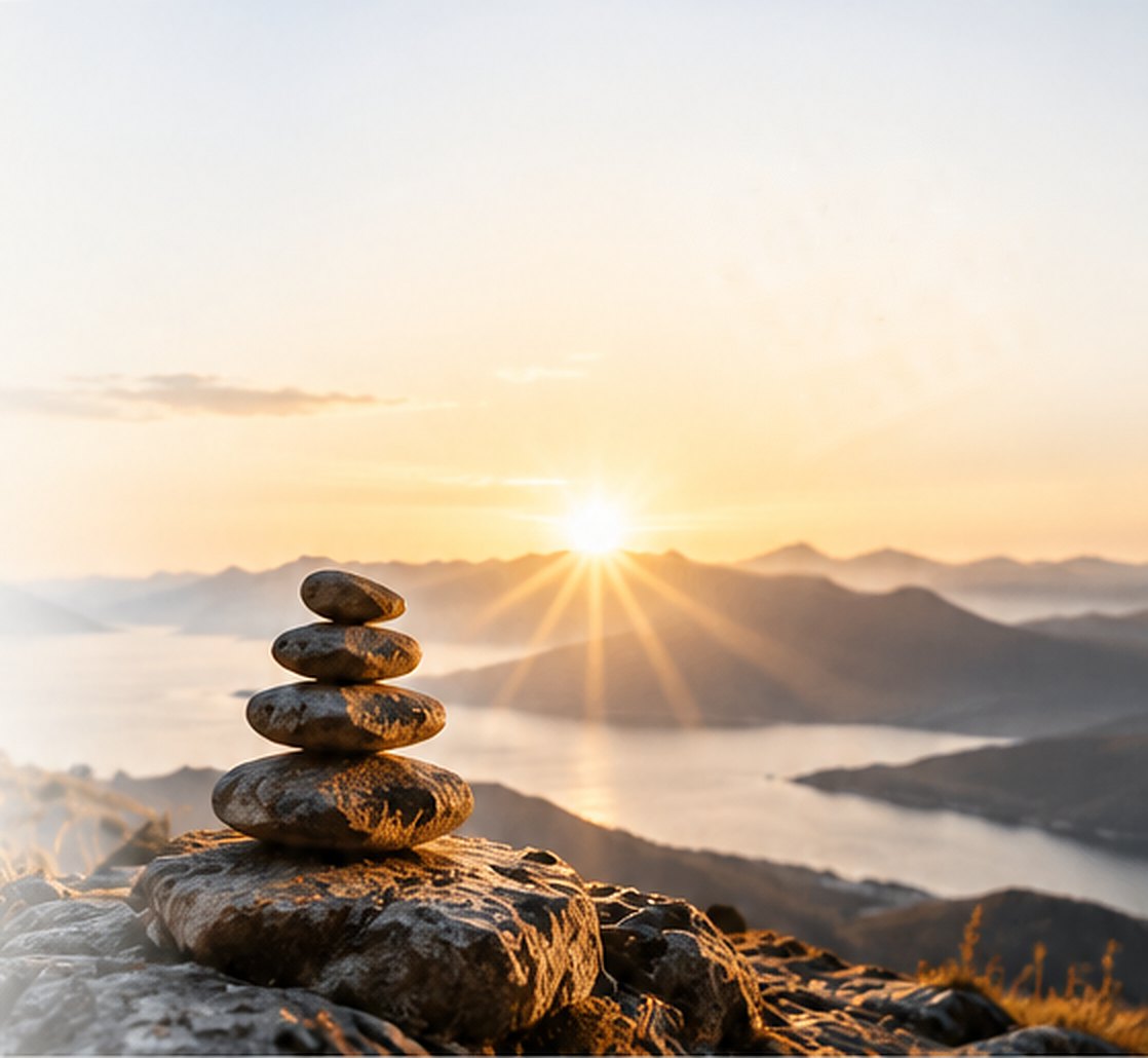 Balanced stones overlooking a lake at sunrise