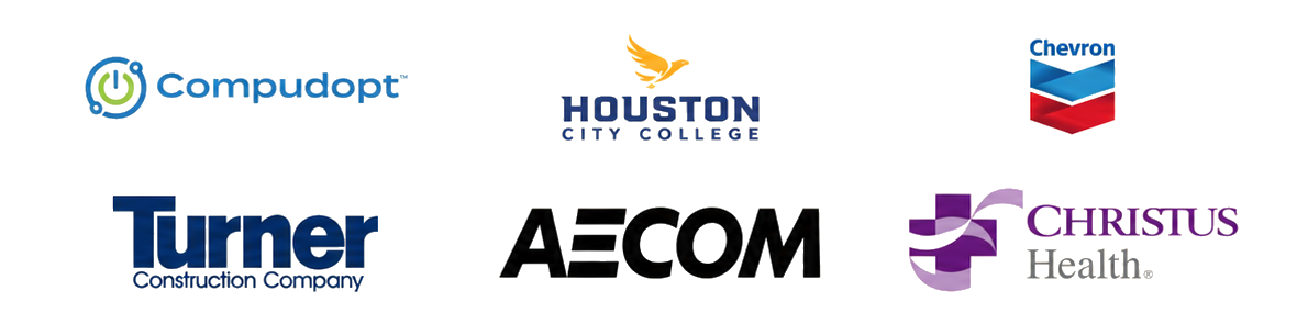 Client logos: Compudopt, Houston City College, Chevron, Turner Construction, AECOM, and CHRISTUS Health